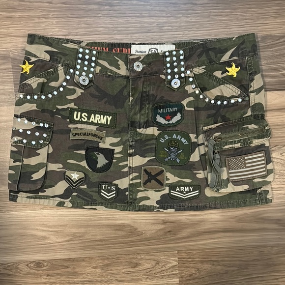 Tell Dresses & Skirts - Tell Premium Surplus Camo Swarovski Crystal Patches 5 Pockets Zip Mini Skirt L